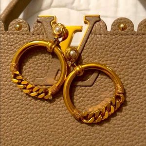 Gold Hoop Chain Pearl Detail Earrings